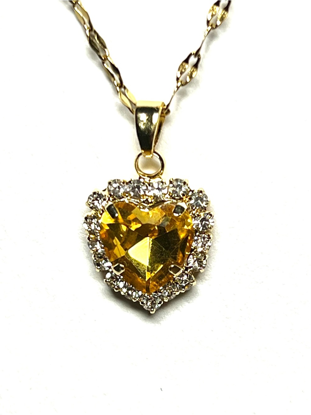 Gold Heart Pendant Necklace with Citrine Surrounded by Crystal Accent Stones